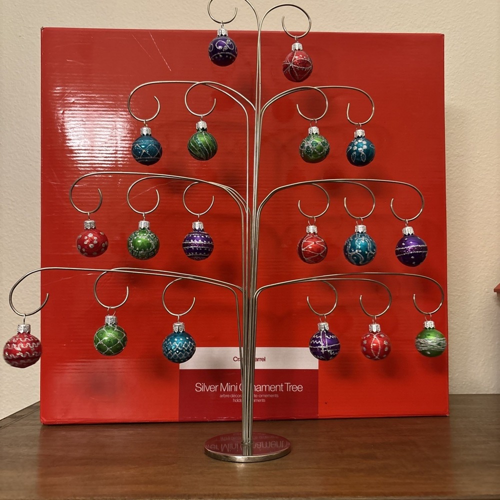 Crate & Barrel Metal Christmas Tree Mini Ornament Stand Silver‎ Tone Color W/box